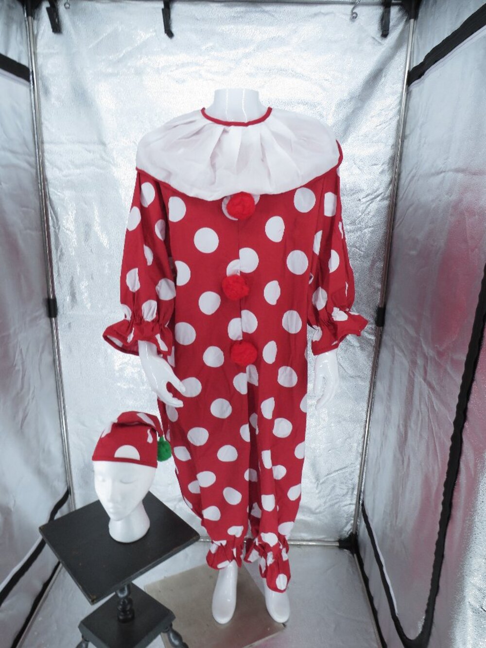 Vintage Clown Costume Jumpsuit Red White Polka Dot Adult Medium Matching Hat Set